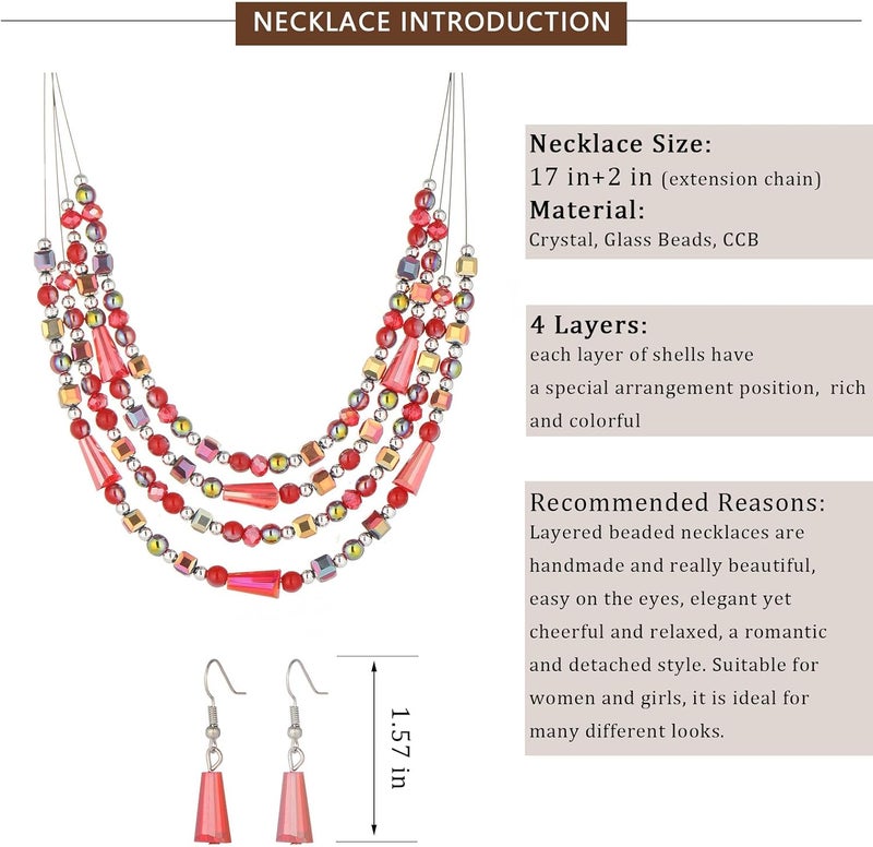 Errally Store Layered Beaded Statement Necklace Multi Strand Crystal Beads Collar Necklace and Earring Sets for Women Fashion Costume Jewelry Set Gifts for Her - Image 5